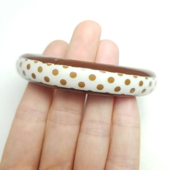 Vintage Brown and White Plastic Polka Dot Bangle Bracelet, Retro Stacking Estate - Picture 1 of 6